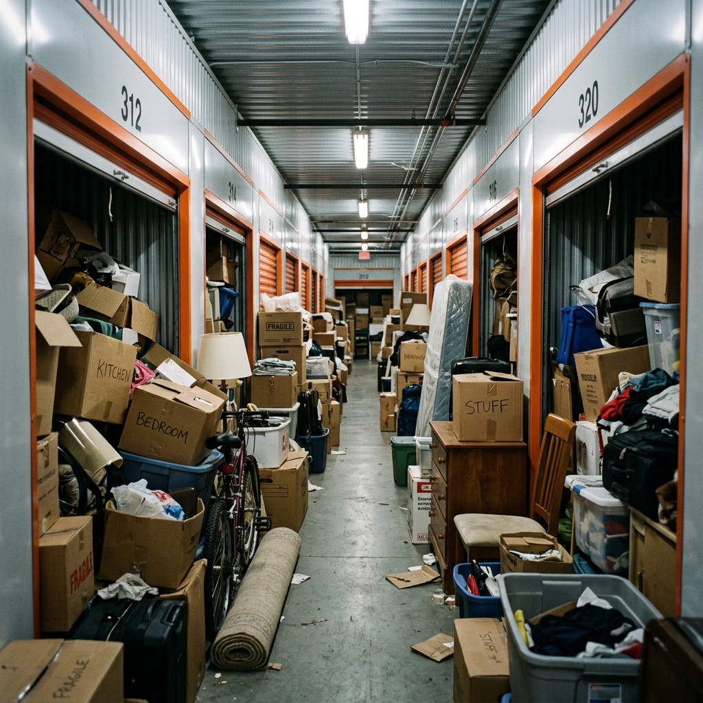 A crowded storage facility hallway with numerous packed boxes and household items. hallway of storage units filled with packed boxes, furniture, and household items